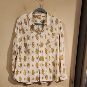 Duluth Trading Co White Shirt with Gold Floral Pattern